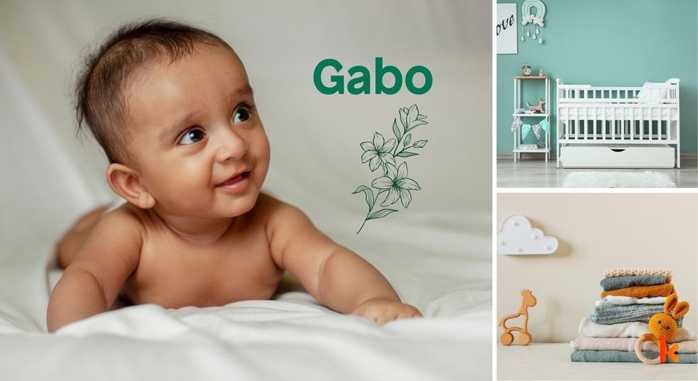 Baby name Gabo - cute baby, flowers, clothes, crib, accessories and toys.