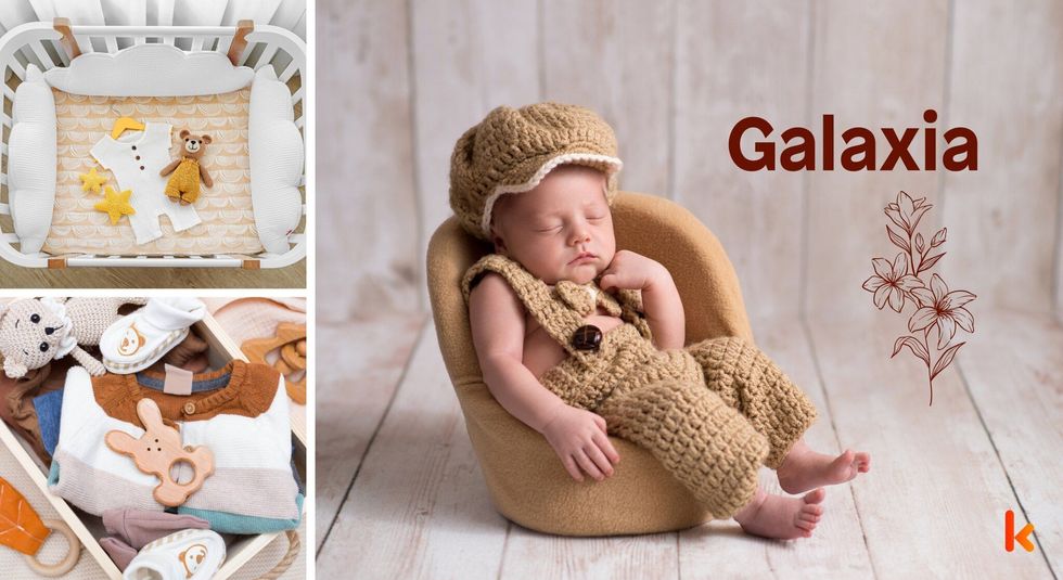 Baby name Galaxia - cute baby, flowers, clothes, crib, accessories and toys.