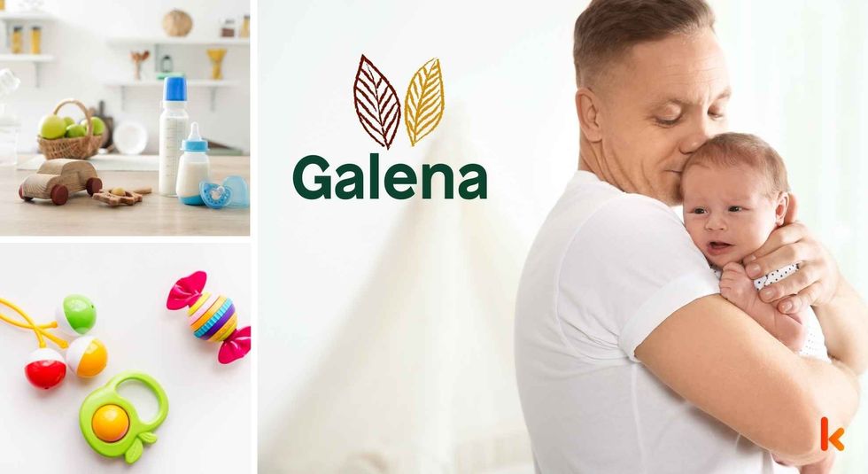 Baby name Galena - cute baby, wooden toys, milk bottle & teethers.