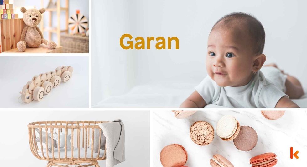Baby Name Garan - cute baby, baby crib, knitted toy, macarons.