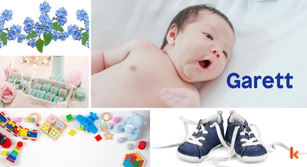 Baby Name Garett - cute baby, flowers, shoes, macarons and toys.