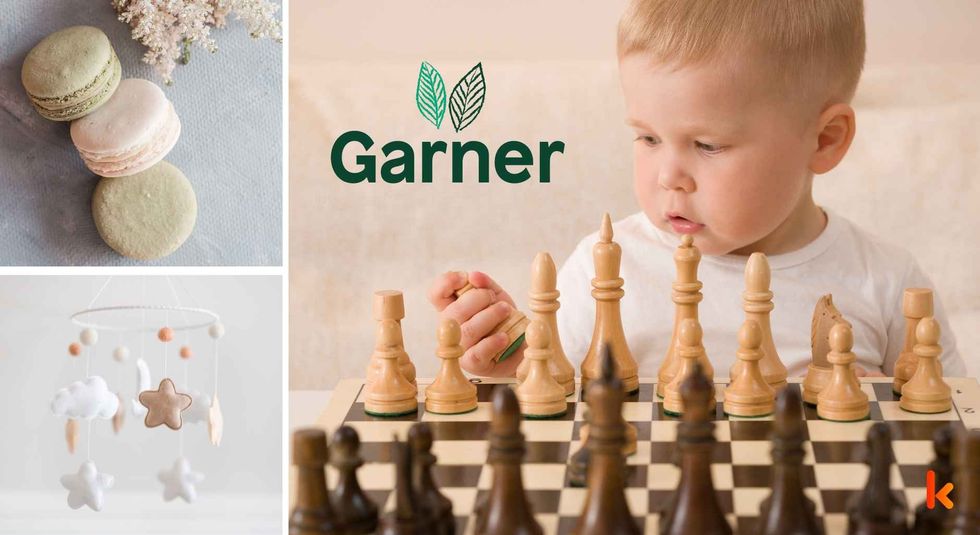 Baby name Garner - baby boy playing chess, macarons & baby mobile.