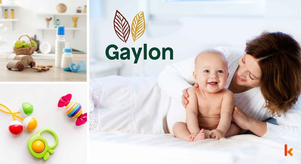Baby name Gaylon - cute baby, wooden toys, milk bottle & teethers.
