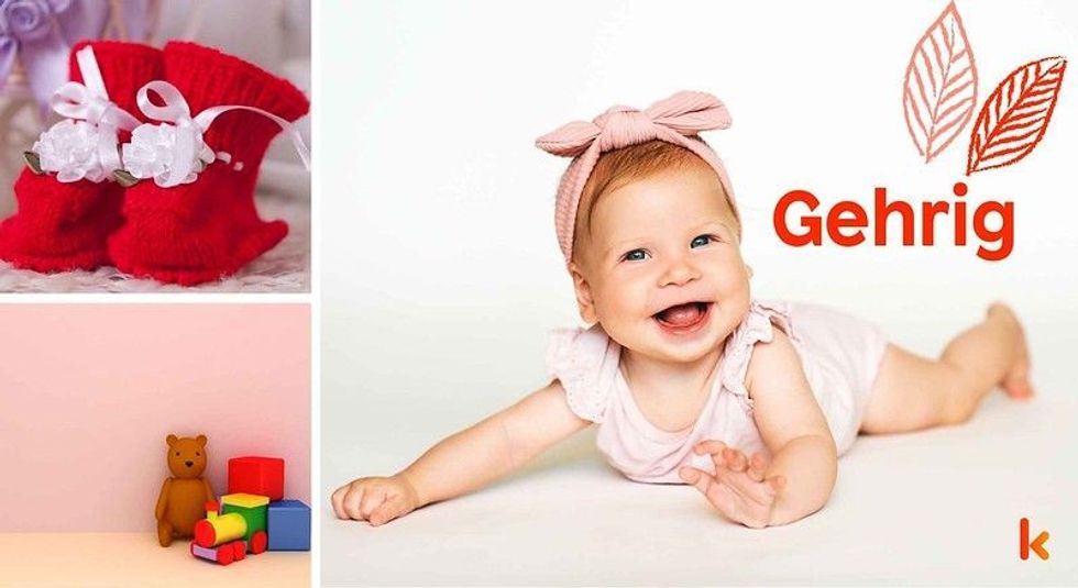 Baby Name Gehrig - cute baby, flowers, shoes and toys.