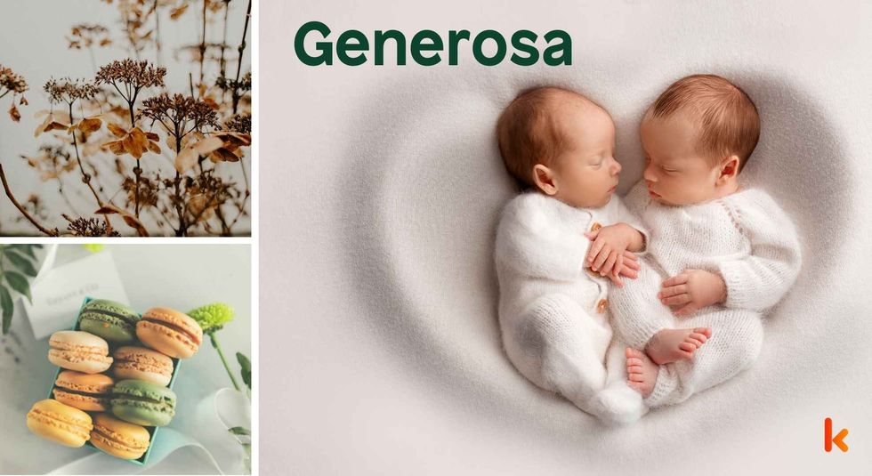 Baby name Generosa - cute baby, flowers, macarons