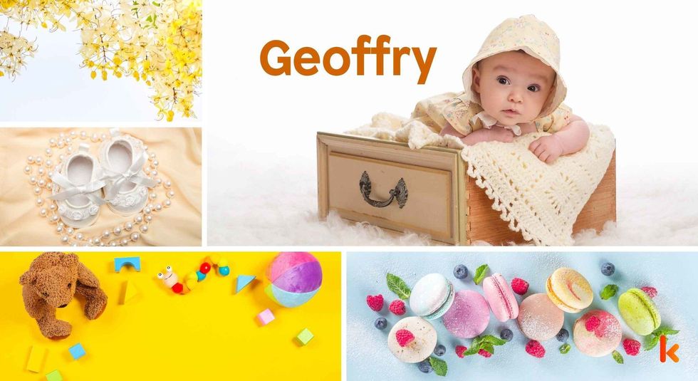 Baby Name Geoffry - cute baby, flowers, shoes, macarons and toys.
