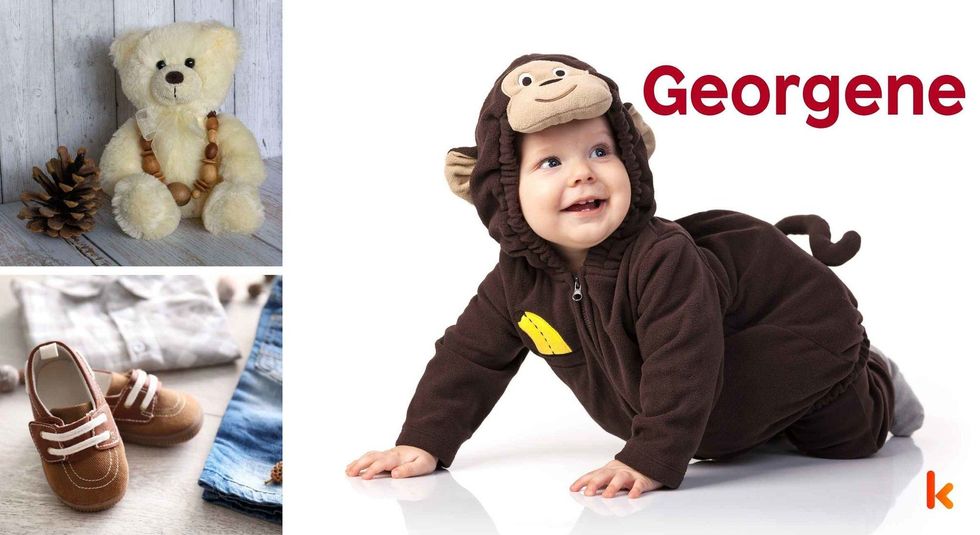 Baby Name Georgene - cute baby, flowers, shoes and toys.