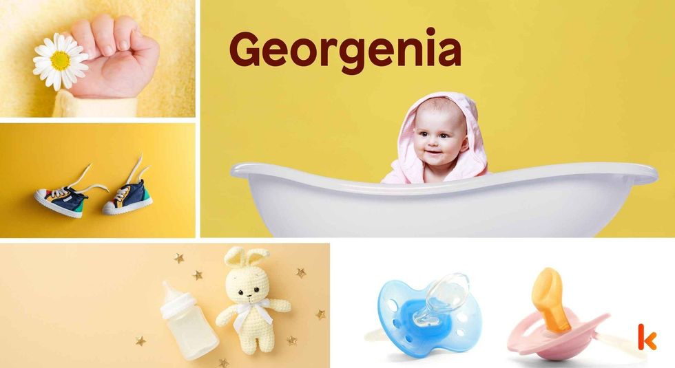 Baby Name Georgenia - cute baby, flowers, shoes, pacifier and toys.