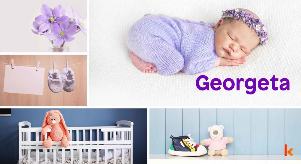 Baby Name Georgeta - cute baby, flowers, shoes, cradle and toys.