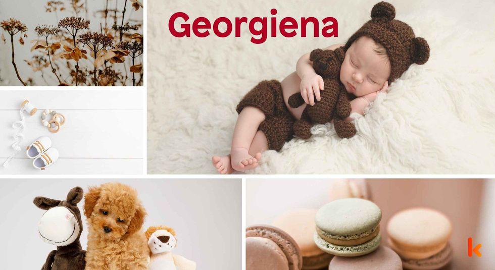 Baby Name Georgiena - cute baby, flowers, shoes, macarons and toys.