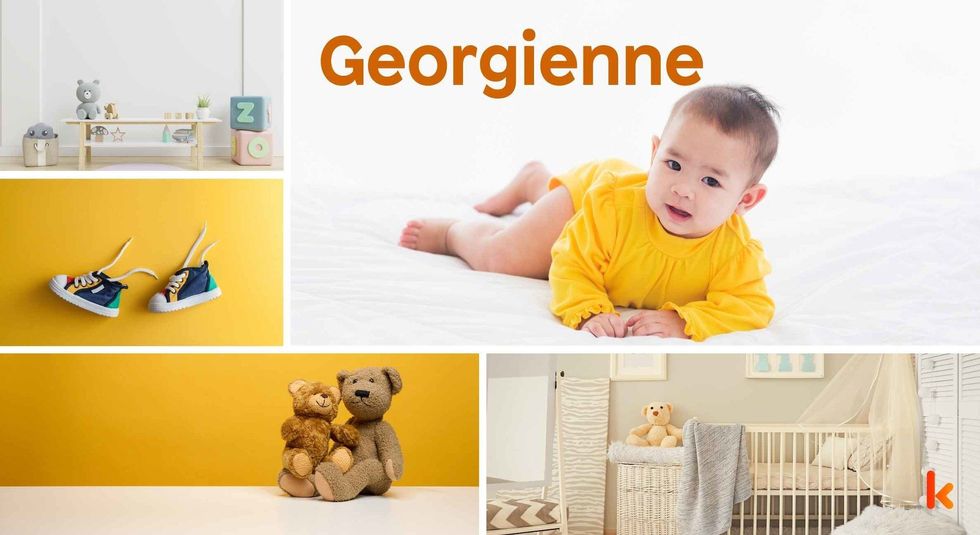 Baby Name Georgienne - cute baby, flowers, shoes, cradle and toys.