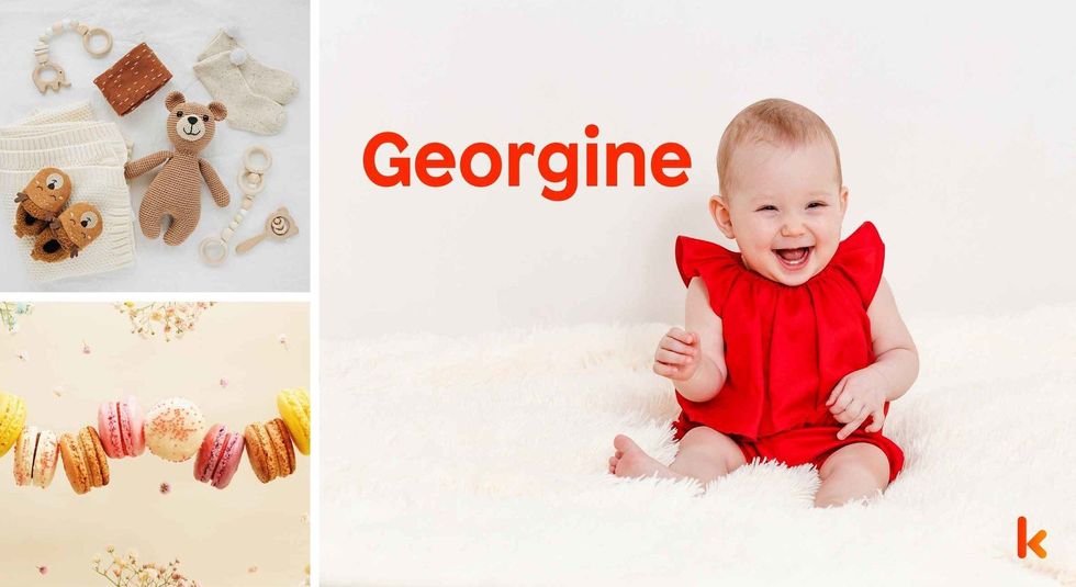 Baby Name Georgine - cute baby, flowers, shoes, macarons and toys.