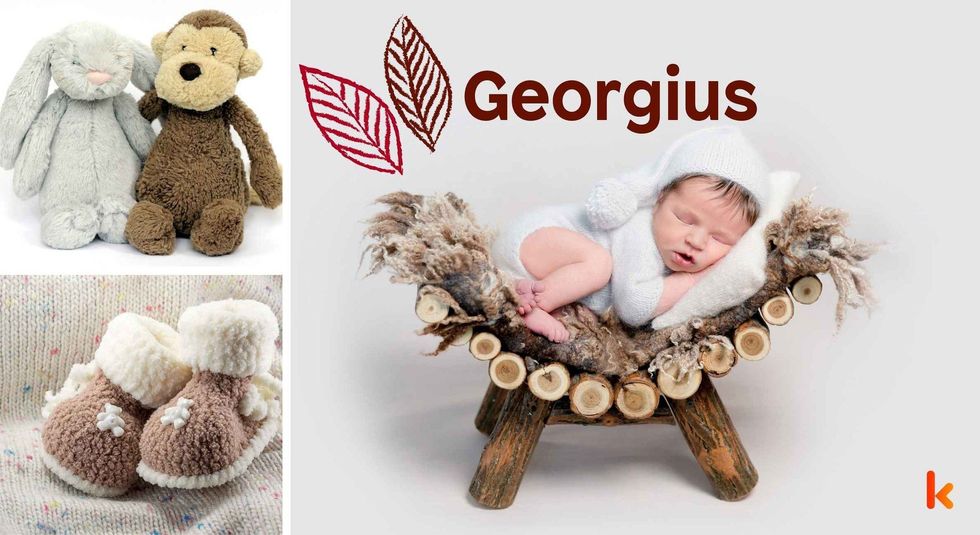 Baby Name Georgius - cute baby, flowers, shoes and toys.