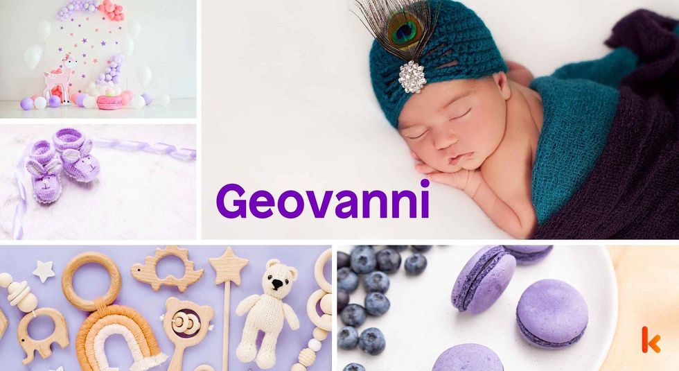 Baby Name Geovanni - cute baby, flowers, shoes, macarons and toys.