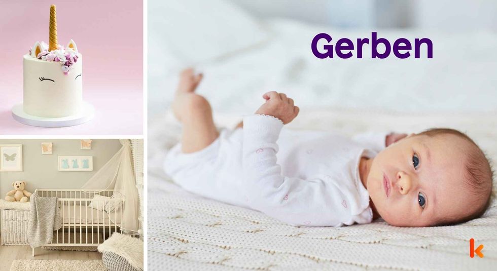 Baby name Gerben - cute baby, crib and cake