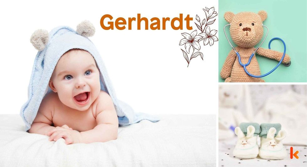 Baby Name Gerhardt - cute baby, flowers, shoes and toys.