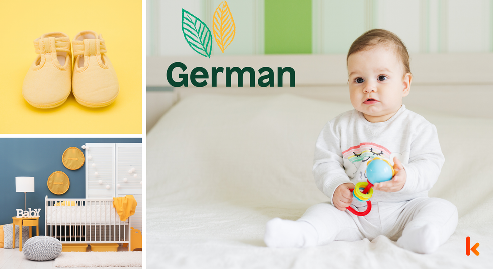 Baby name German - cute baby, flowers, shoes and toys.