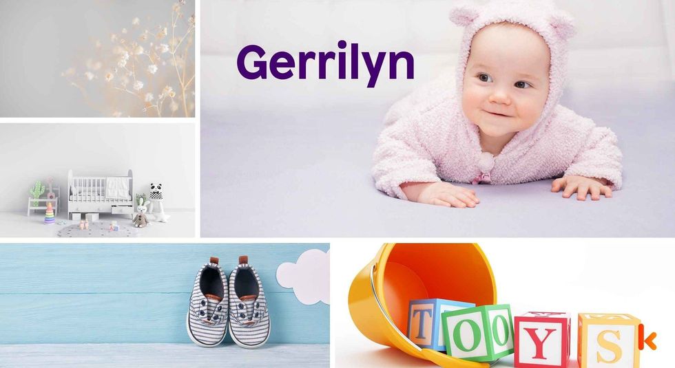 Baby Name Gerrilyn - cute baby, flowers, shoes, cradle and toys.