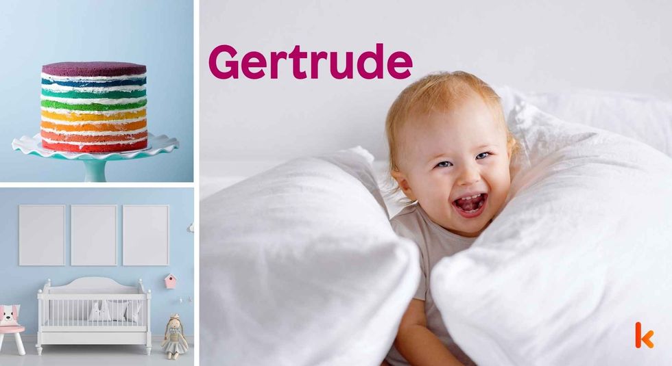 Baby name Gertrude - cute baby, crib and cake
