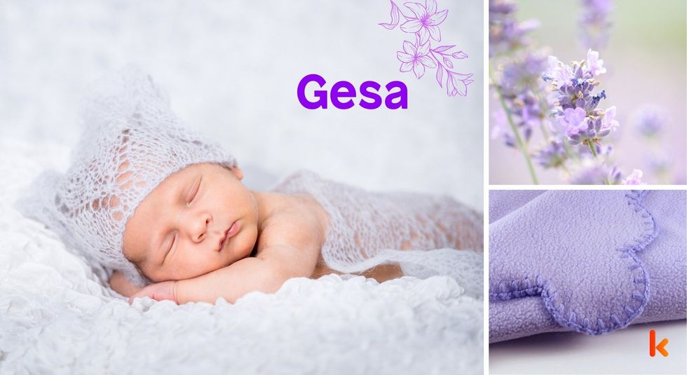 Baby name Gesa - cute baby, lavender flowers & purple blanket