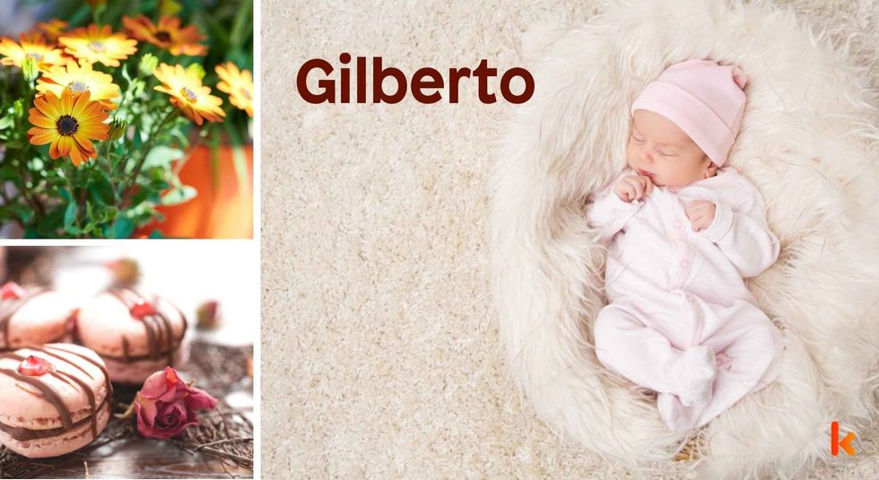 Baby name Gilberto - cute baby, flowers, macarons