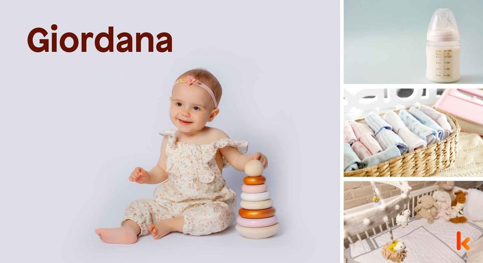 Baby Name Giordana- cute baby, crib, sipper, clothes.