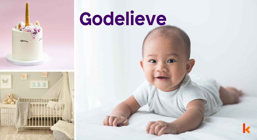 Baby name Godelieve - cute baby, crib and cake