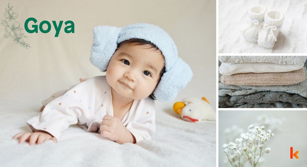 Baby name Goya - cute baby, white booties,flowers & blankets