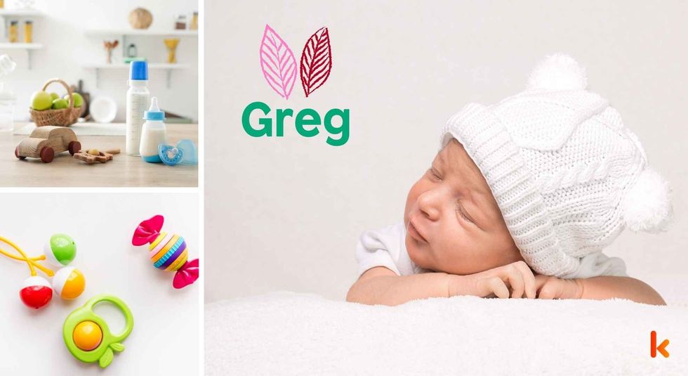 Baby name Greg - cute baby, wooden toys, milk bottle & teethers.