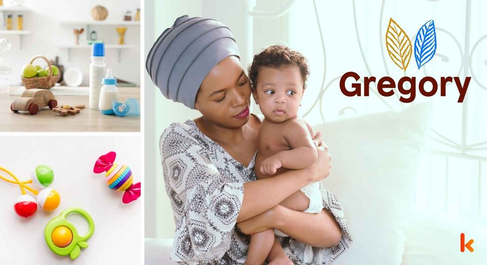 Baby name Gregory - cute baby, wooden toys, milk bottle & teethers.