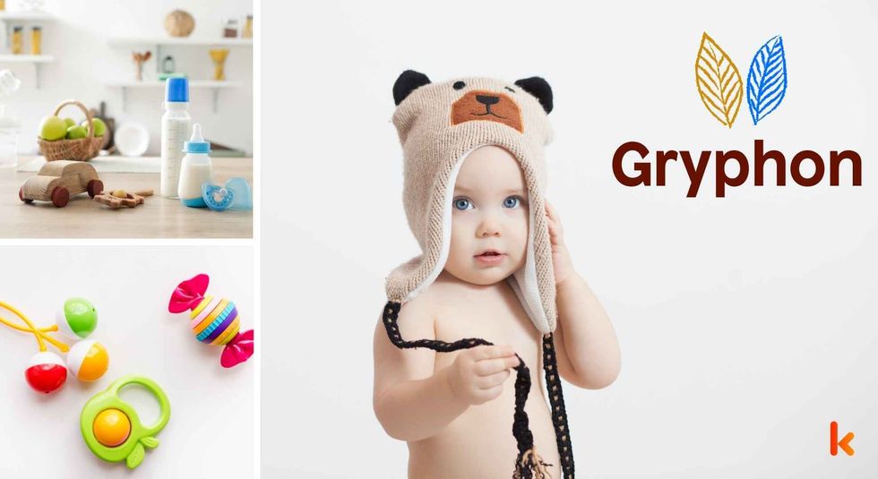 Baby name Gryphon - cute baby, wooden toys, milk bottle & teethers.