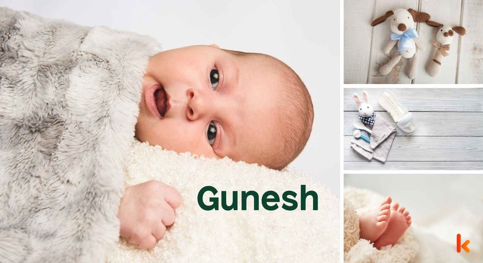 Baby name Gunesh - Cute baby, blanket, knitted toys, baby feet & Feeding Bottle.