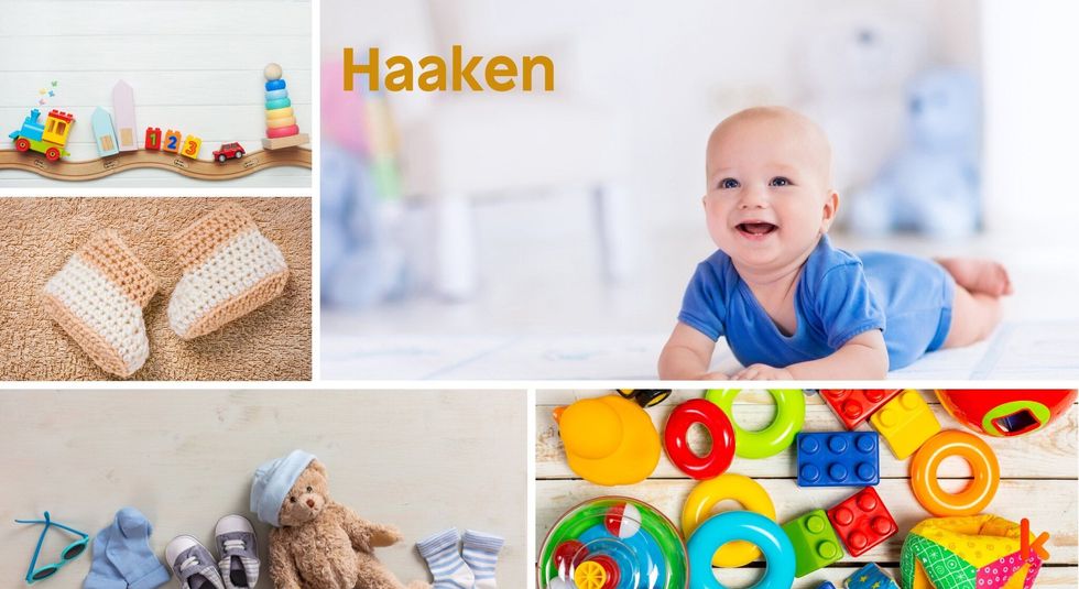 Baby Name Haaken - cute baby, flowers, teddy and toys.