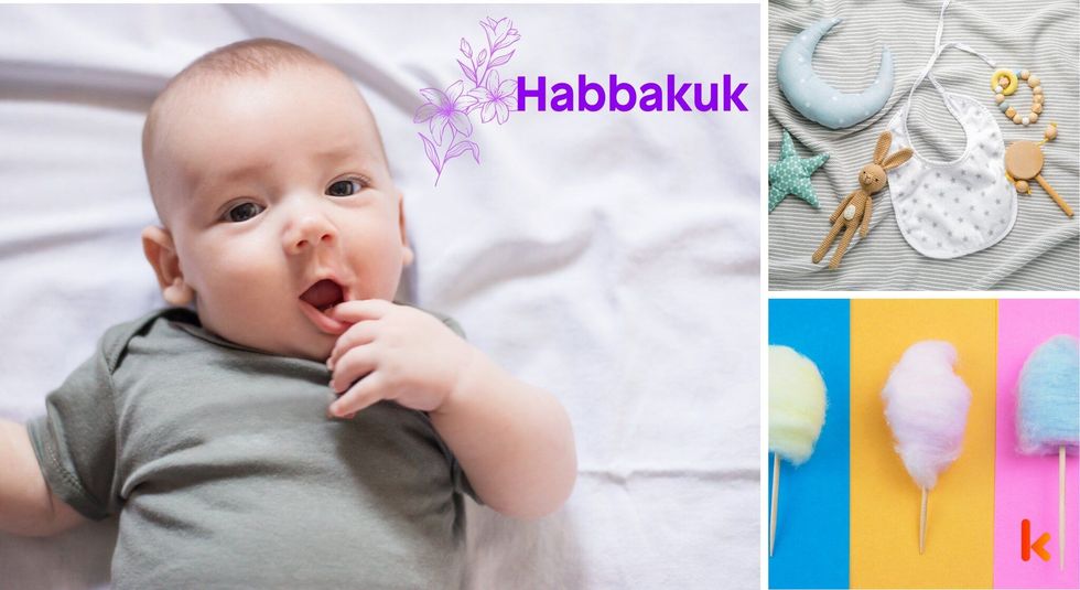Baby Name Habbakuk - cute baby, flowers, discs and toys.