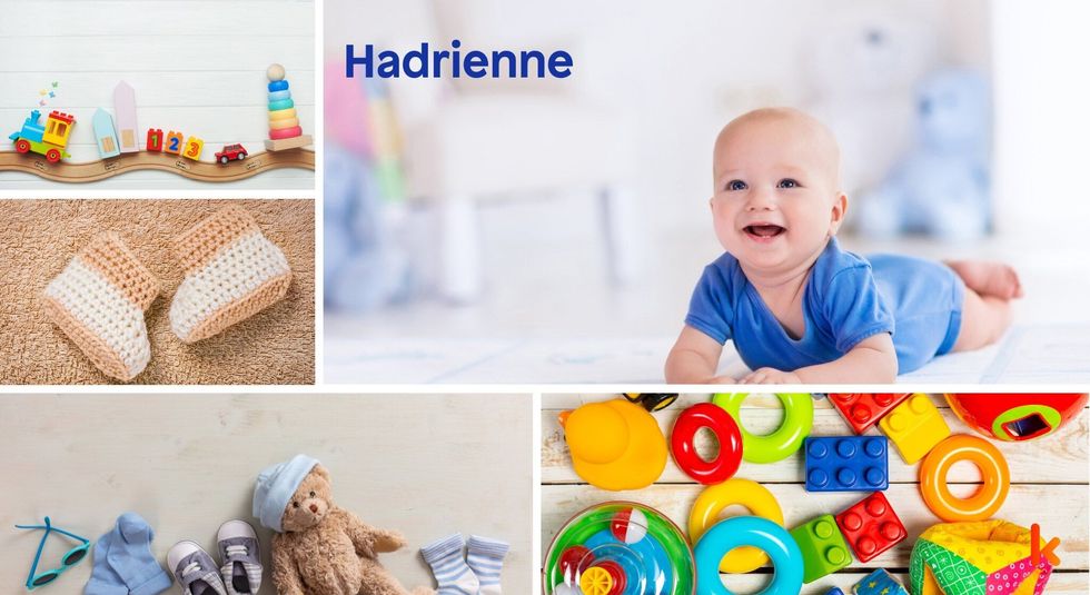 Baby Name Hadrienne - cute baby, flowers, discs and toys.