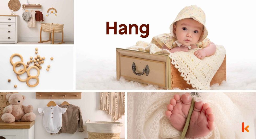 Baby name Hang - Cute baby, feet, clothes, teethers, cradle. 