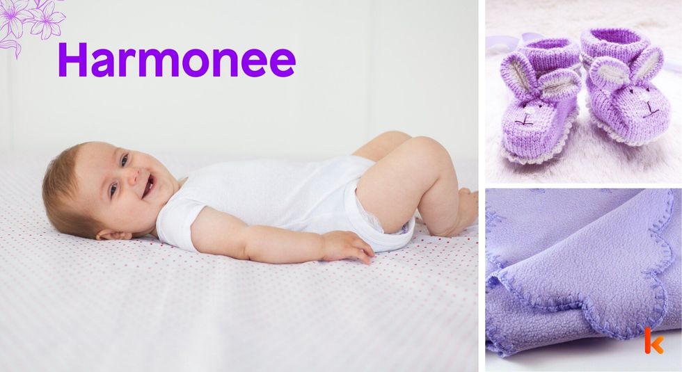 Baby Name Harmonee - cute baby, knitted shoes, blanket.