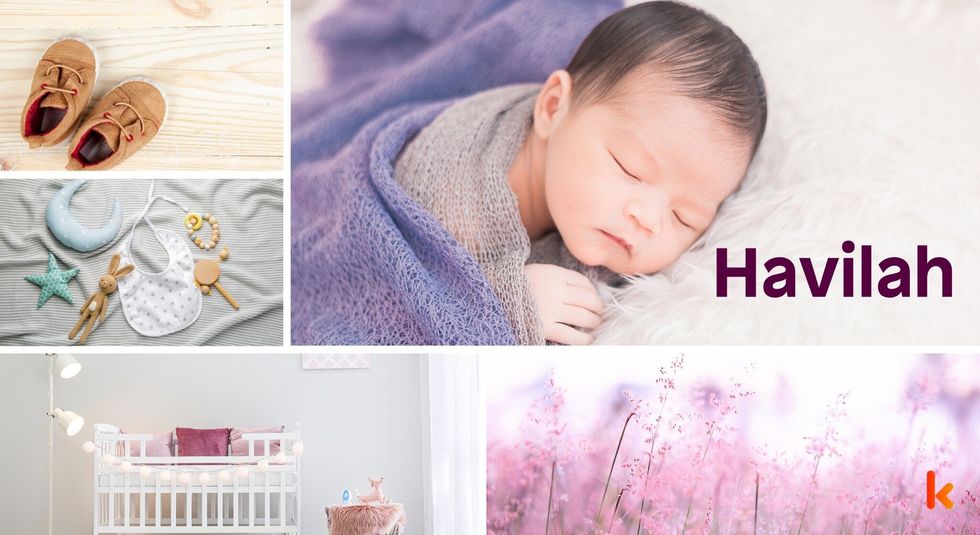 Baby name Havilah - cute baby, flowers, shoes and toys.