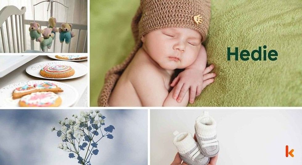 Baby name Hedie - cute baby, baby crib, cookies, flowers & booties