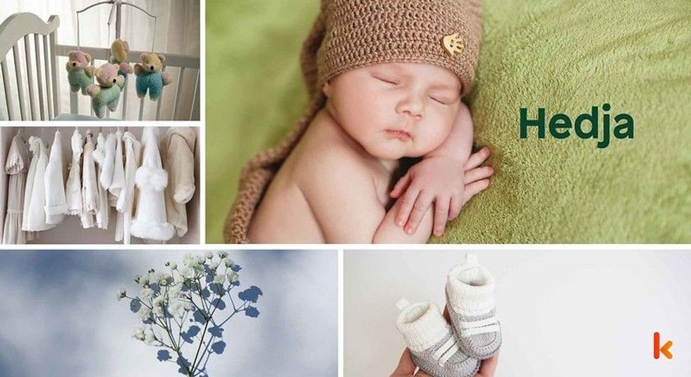 Baby name Hedja - cute baby, baby crib, clothes, flowers & booties
