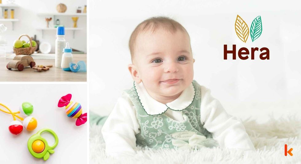 Baby name Hera - cute baby, wooden toys, milk bottle & teethers.