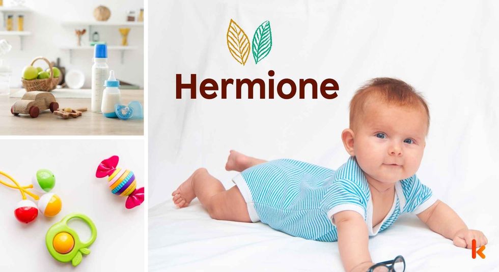Baby name Hermione - cute baby, wooden toys, milk bottle & teethers.