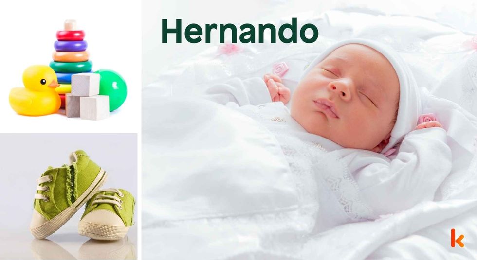 Baby Name Hernando - cute baby, shoes and toys.
