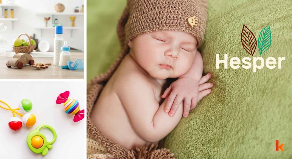 Baby name Hesper - cute baby, wooden toys, milk bottle & teethers.