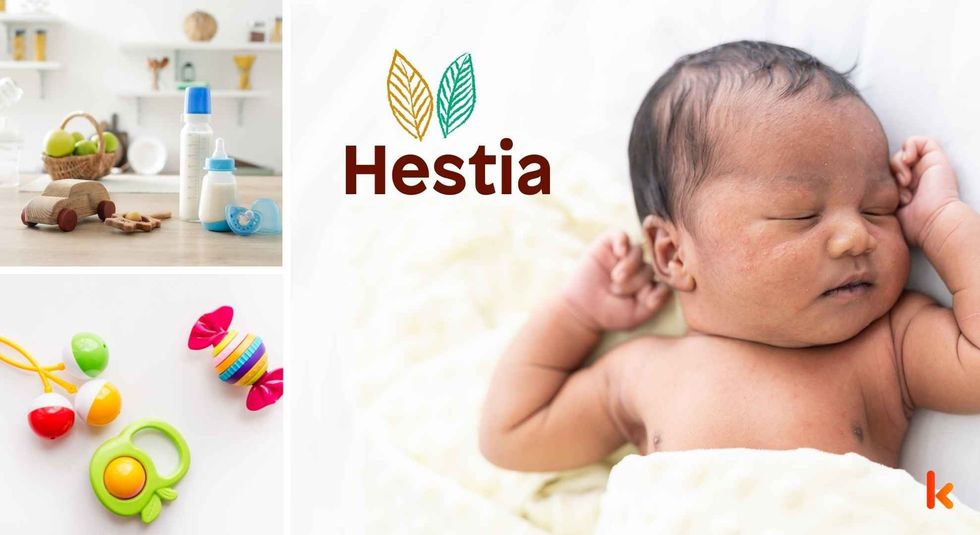 Baby name Hestia - cute baby, wooden toys, milk bottle & teethers.