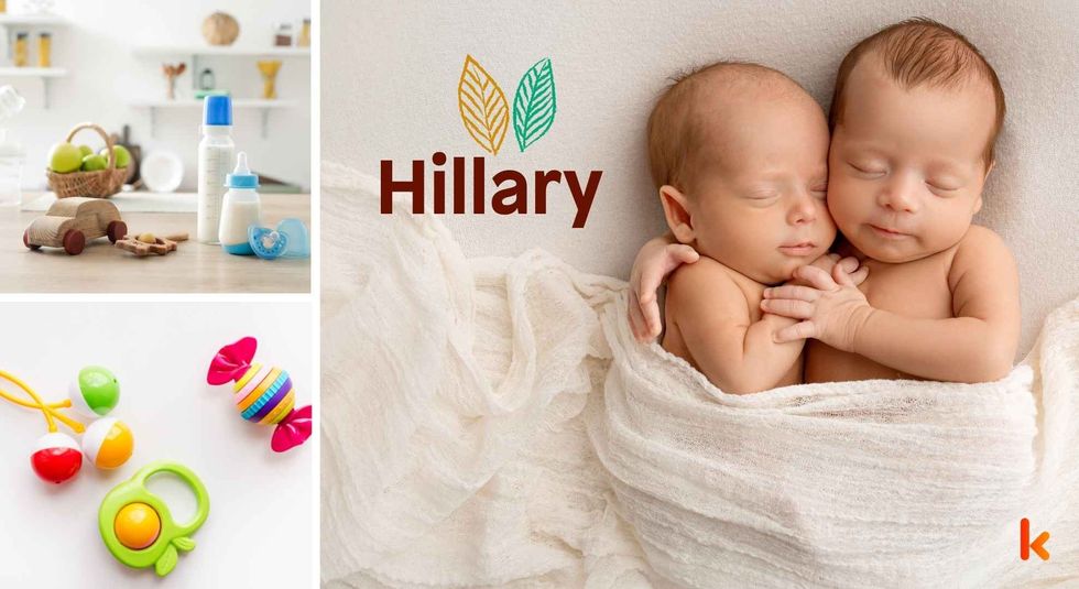 Baby name Hillary - cute baby, wooden toys, milk bottle & teethers.