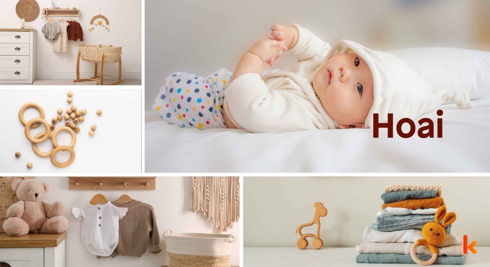 Baby name Hoai - Cute baby, blankets, clothes, teethers, cradle.
