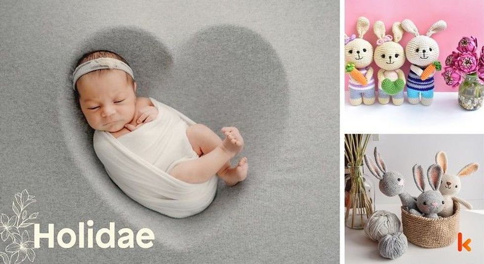 Baby name holidae - bunny soft toys with basket & flowers.