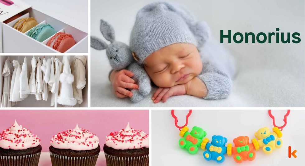 Baby name Honorius - cute baby, macarons, clothes, cupcake & toys