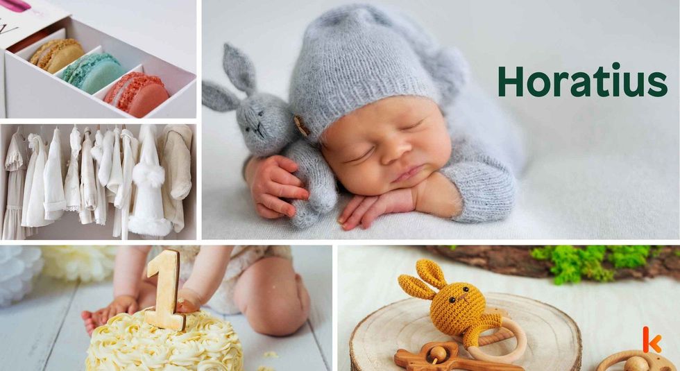 Baby name Horatius - cute baby, macarons, clothes, cake & teether.